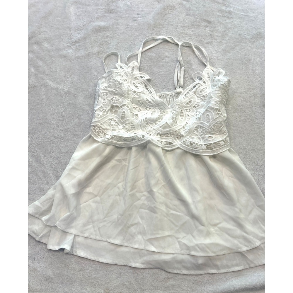 Feager White Crochet Lace V-Neck Camisole Smocked Back Peplum Top XL